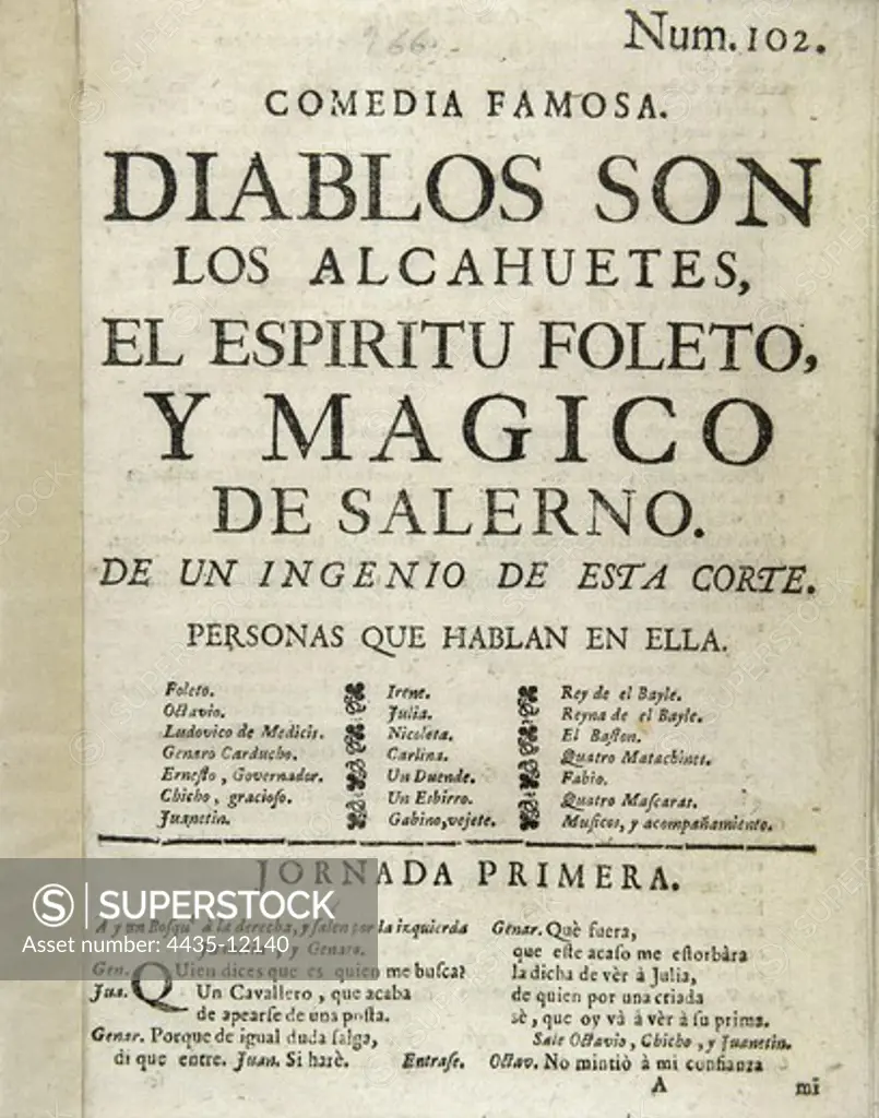 ZAMORA, Antonio de (1660-1728). Frontispiece of his comedy 'Diablos son los alcahuetes, el espÕritu foleto, y màgico de Salerno' (Madrid, 1731). SPAIN. MADRID (AUTONOMOUS COMMUNITY). Madrid. National Library.