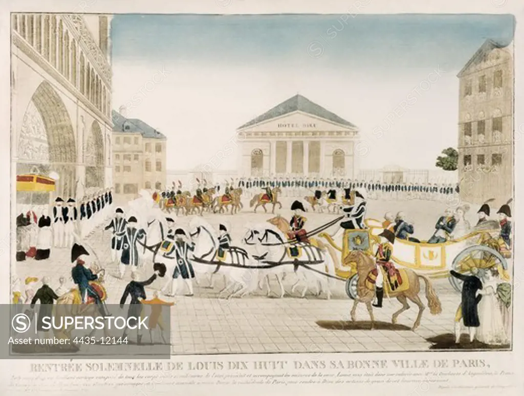 LOUIS XVIII, of France  (1755-1824). King of France (1814-1824). Arrival of Louis XVIII to Notre Dame de Paris on May 3rd, 1814. Engraving. FRANCE. LE-DE-FRANCE. Paris. Mus_e Carnavalet (Carnavalet Museum).