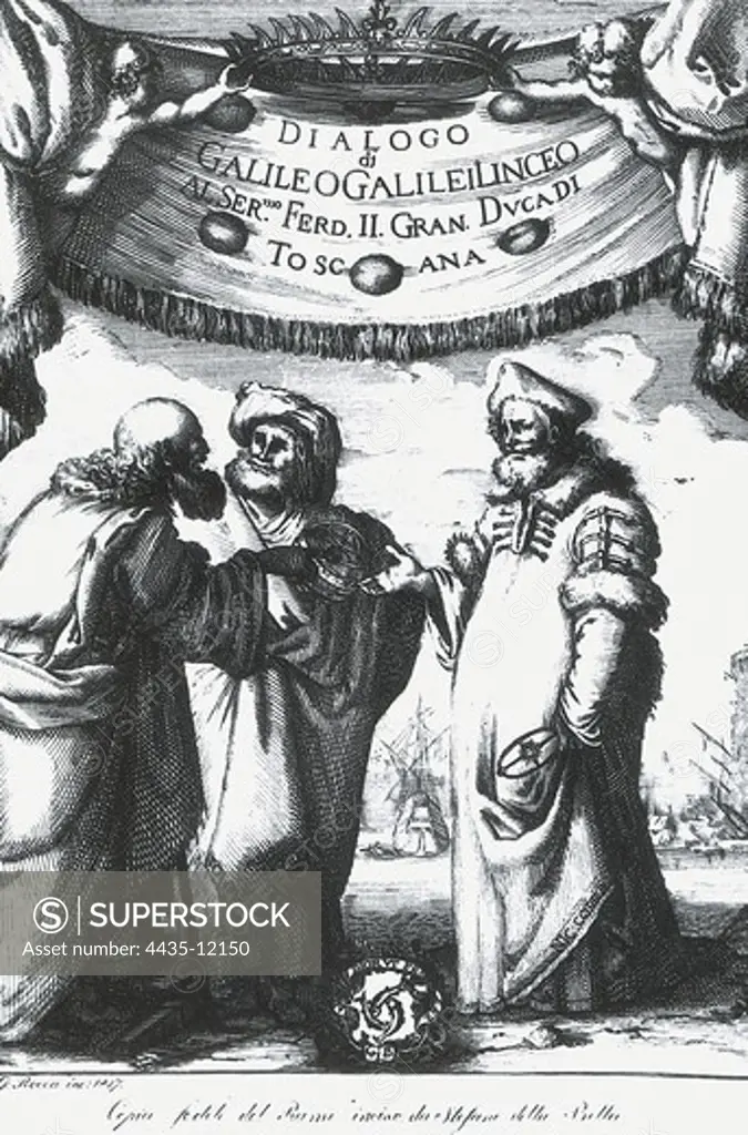 Cver of the work 'Dialogo di Galileo Galilei Linceo Al Sermo. Ferd. II. Grand. Duca di Toscana'. Copy of an engraving by Stefano della Bella (1632). Engraving.