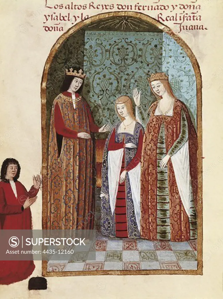 Illustration of the 'Devotionary of Joanna the Mad' by Pedro Marcuello. Representation of Joanna together with her fathers Isabel of Castile and Ferdinand of Aragon. Gothic art. Miniature Painting. FRANCE. PICARDY. OISE. Chantilly. Mus_e Cond_ (Cond_ Museum).