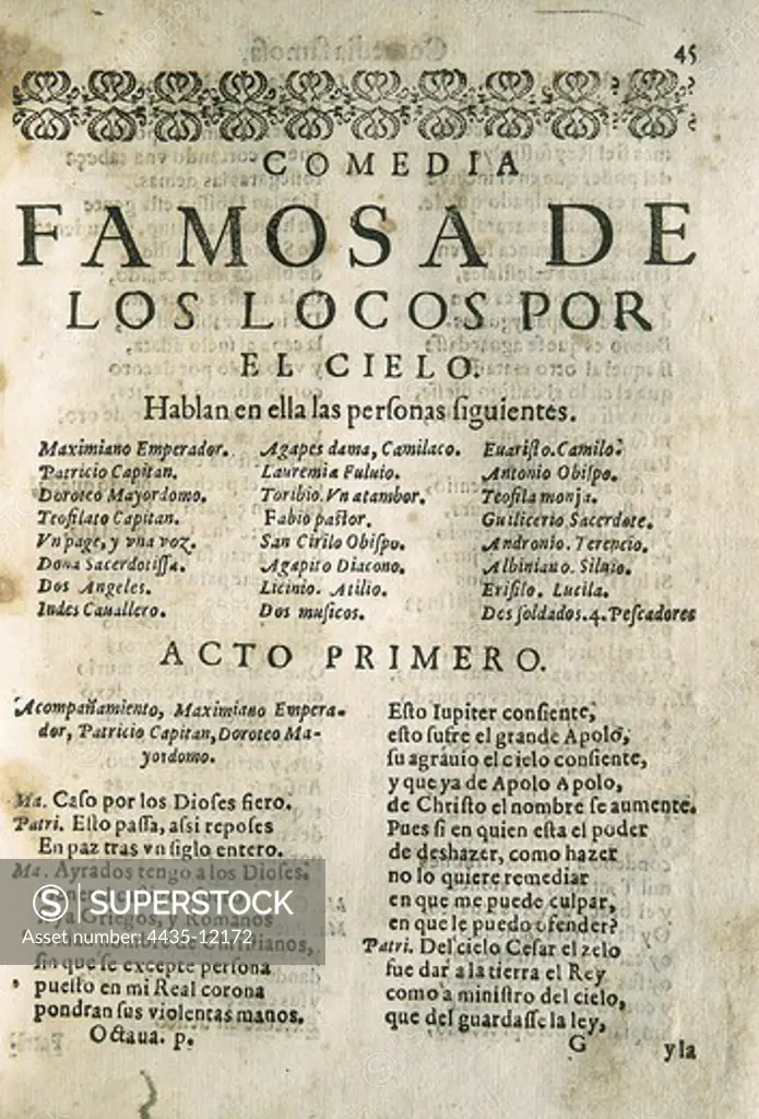 'Los locos por el cielo', comedy by Lope de Vega edited in Barcelona by Sebastiàn de Comellas (1617). Beginning of the first act. SPAIN. CATALONIA. Barcelona. Barcelona University Library.