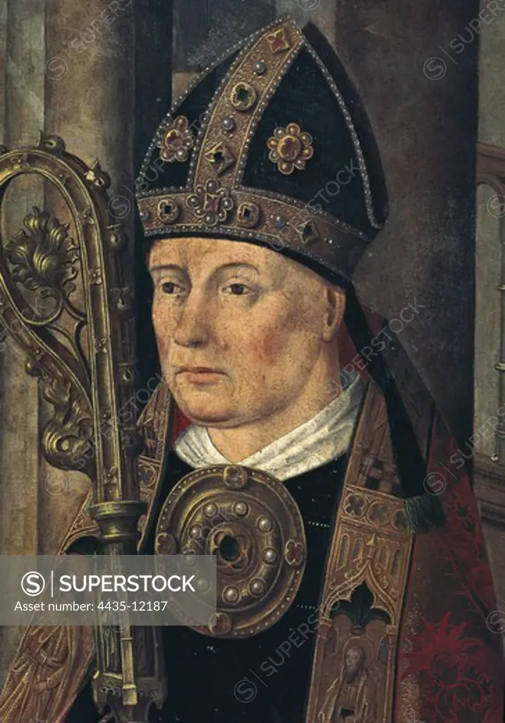Isidore of Sevilla, Saint (560-636). Doctor of the Church and bishop of Sevilla. Right panel of the altarpiece of the Chancellor Sànchez de LogroÐo. c. 1480-c. 1490. Detail. Flemish School. Gothic art. Oil on wood. SPAIN. CASTILE AND LEON. Valladolid. National Museum of Sculpture.