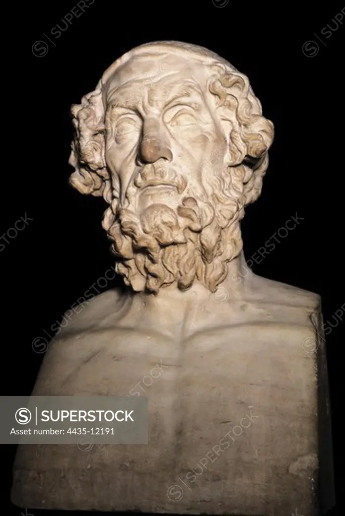 Marble portrait bust of Homer. 1st-2nd c. Roman art. Early Empire. Sculpture on marble. UNITED KINGDOM. ENGLAND. London. The British Museum. Proc: ITALY. CAMPANIA. CASERTA. Baia.
