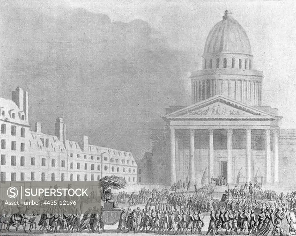 ROUSSEAU, Jean Baptiste (1670-1741). French poet. Rosseau's mortal remains being carried to Panth_on. Paris. 11th October 1974. Ilustration by Girardet. Engraving.