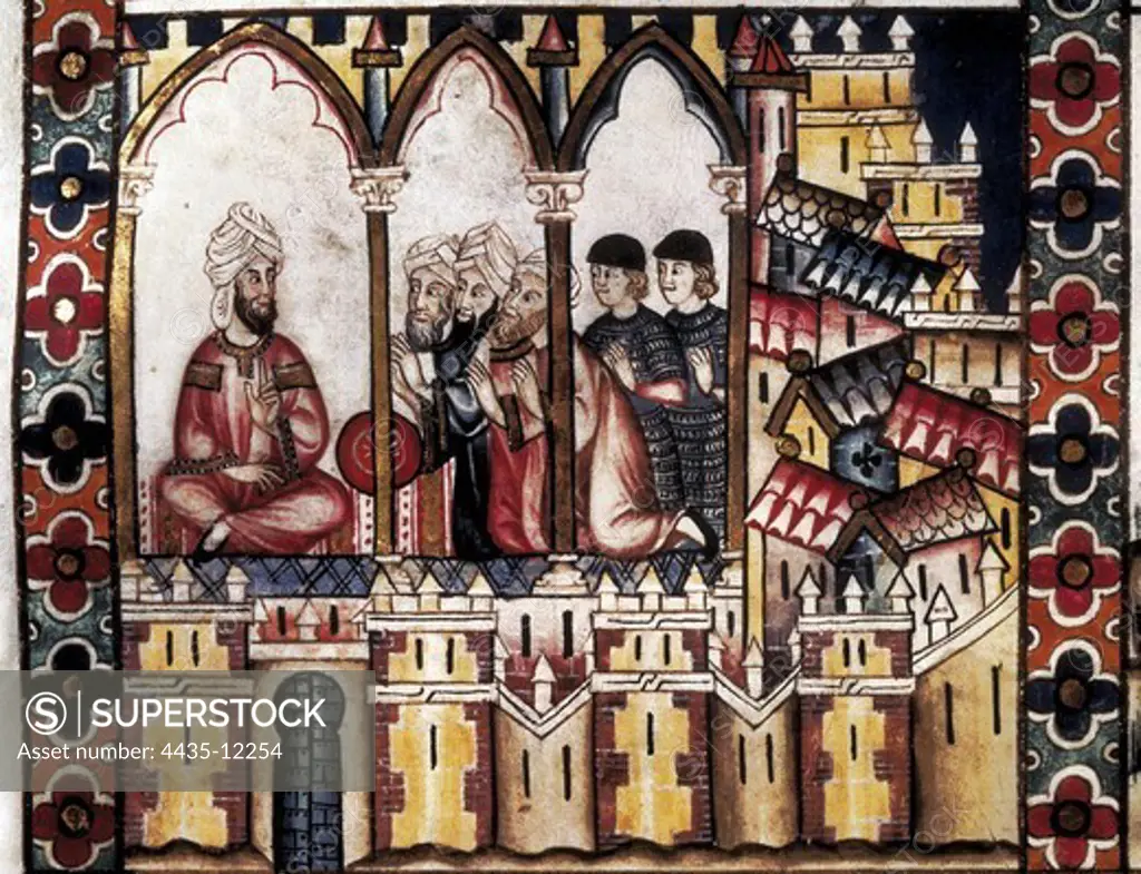 Alfonso X, called 'The Wise' (1221-1284). Cantigas de Santa Maria (Virgin Mary Songs). 13th c. Illustration of the cantiga (song) 181 depicting the Muslim Court. Gothic art. Miniature Painting. SPAIN. MADRID (AUTONOMOUS COMMUNITY). San Lorenzo de El Escorial. Royal Library of the Monastery of El Escorial.