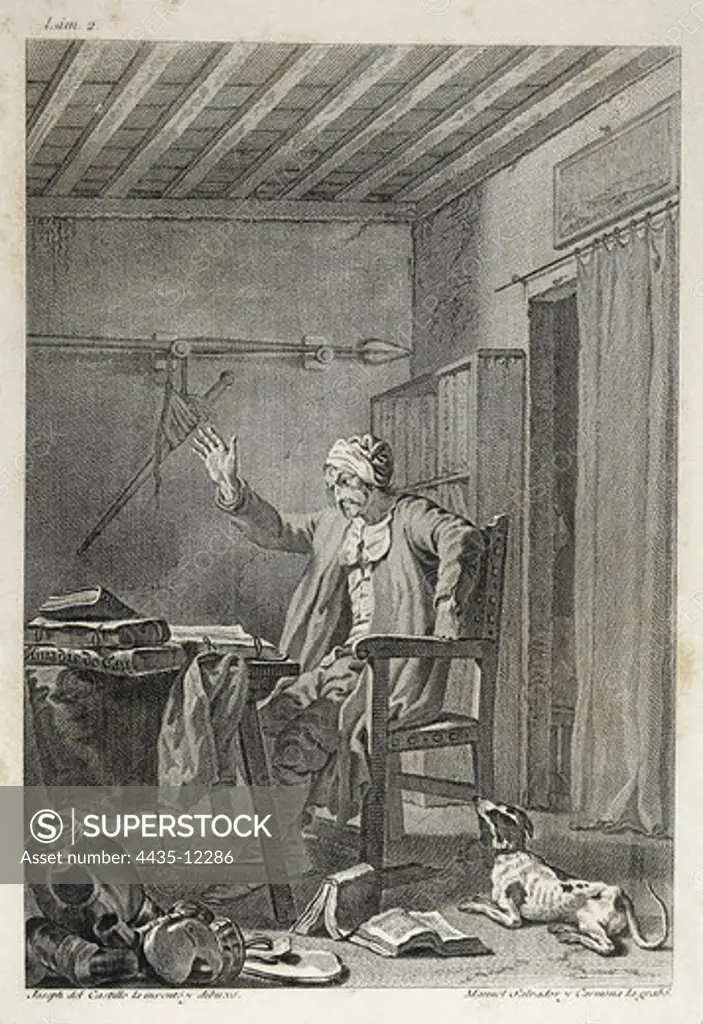 CARNICERO, Antonio (1748-1814). The character and pursuits of the famous gentleman Don Quixote. 1780. Illustration of chapter I of the first part 'Which treats of the character and pursuits of the famous gentleman Don Quixote of La Mancha' from 'Don Quixote' of Miguel de Cervantes. Engraving. SPAIN. CATALONIA. Barcelona. Sant Jordi Catalan Royal Academy of Fine Arts.