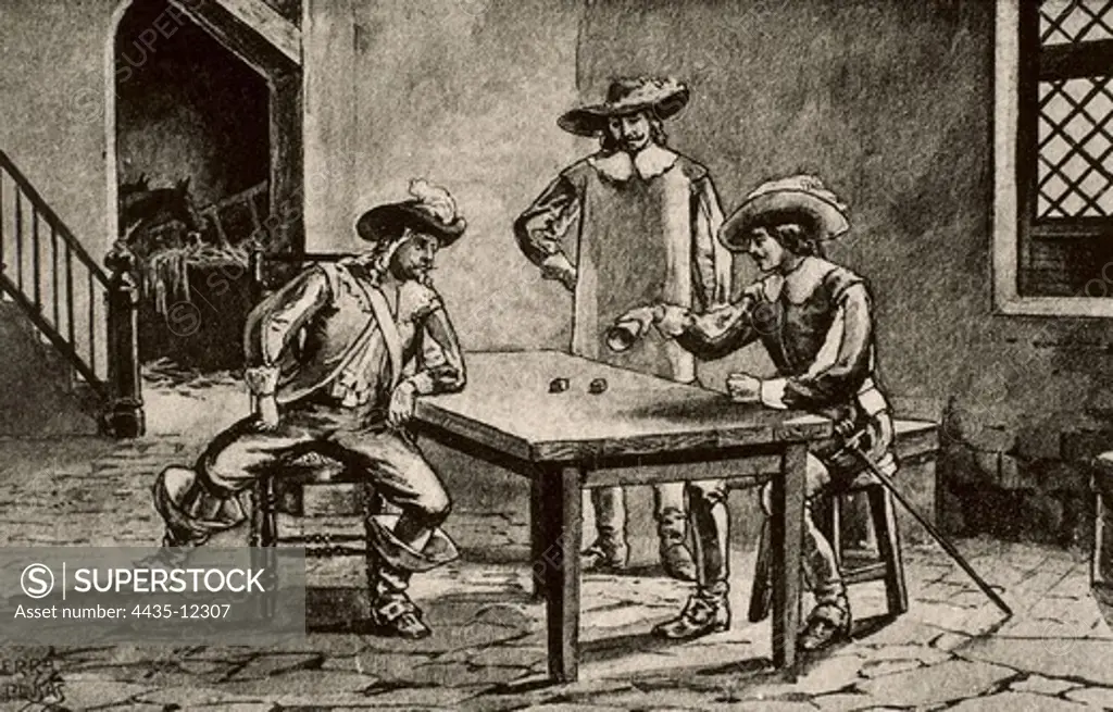 SERRA Y PAUSAS, Joan (s.XIX). D'Artagnan and the Three Musketeers. 1860s. Illustration of chapter XXVIII. Scene titled 'D'Artagnan threw the dice with a trembling hand, and turned up the number three'. Engraving. SPAIN. CATALONIA. Barcelona. Biblioteca de Catalunya (National Library of Catalonia).