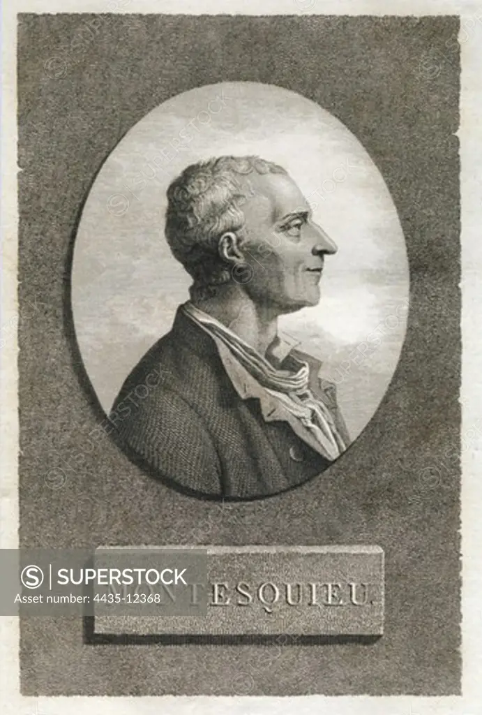 Montesquieu, Charles-Louis de Secondat, baron de la Brede et de (1689-1755). French erudite philosopher and writer. Engraving.