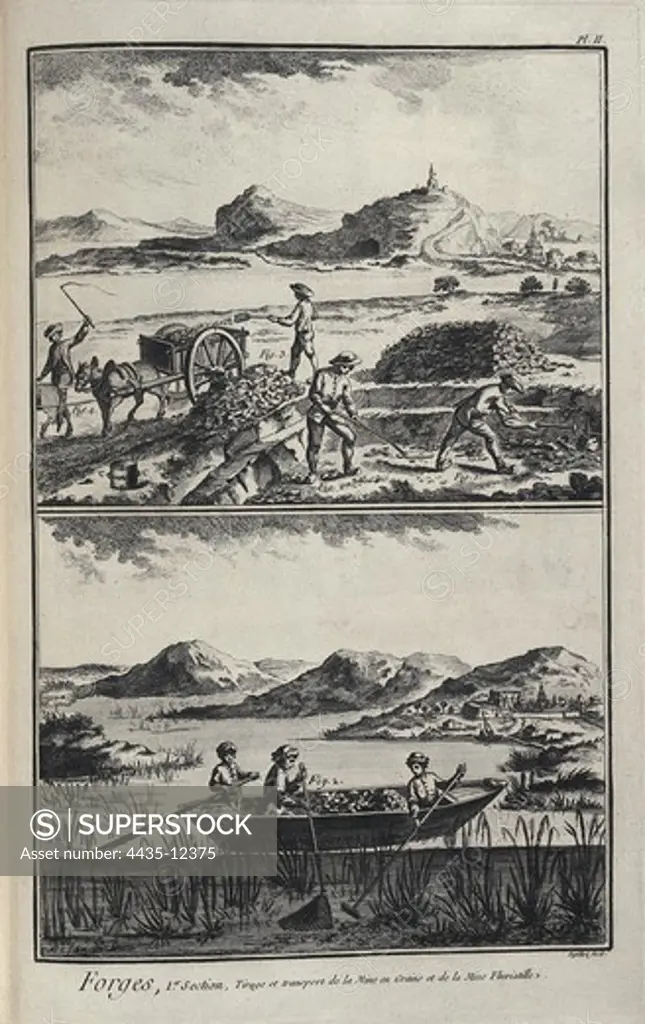 'Encyclop_die' by Denis Diderot and Jean D'Alembert (1751). Mineral extraction and transport. Etching. SPAIN. CATALONIA. Barcelona. Biblioteca de Catalunya (National Library of Catalonia).