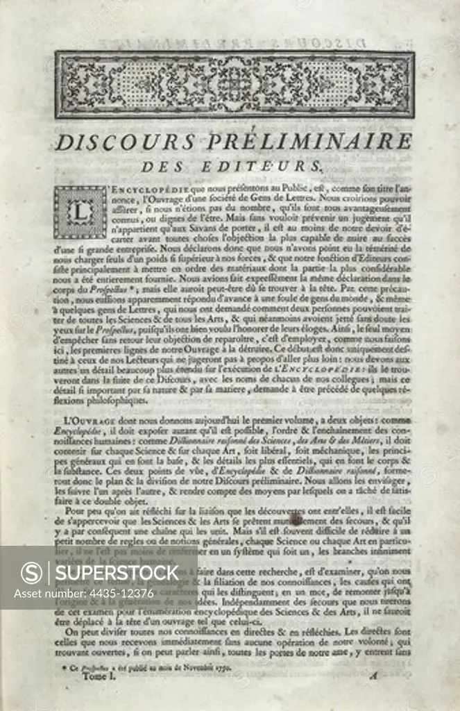 DIDEROT, Denis (1713-1784). French erudite writer and philosopher. L'Encyclop_die. Preliminary speech of the publishers. SPAIN. CATALONIA. Barcelona. Biblioteca de Catalunya (National Library of Catalonia).