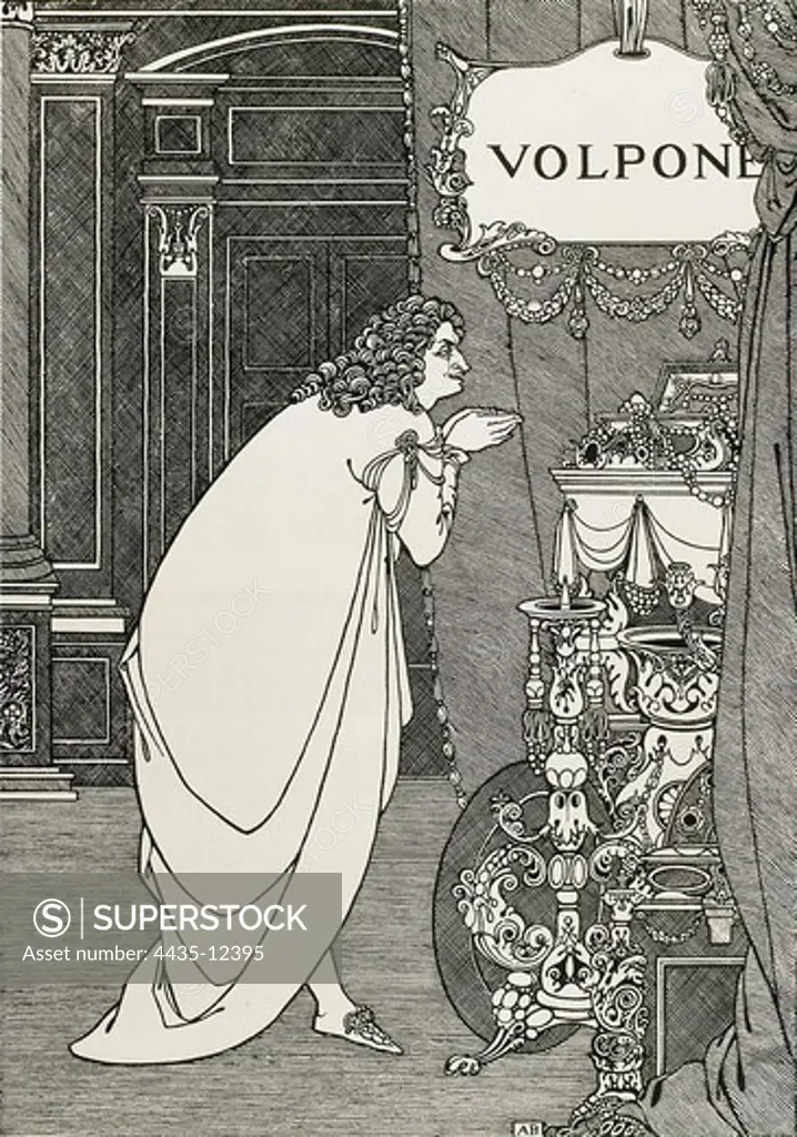 BEARDSLEY, Aubrey Vincent (1872-1898). Volpone. 1898. Illustration of the front page from an edition of 'Volpone', work written by Benjamin Jonson in 1609. Depiction of Volpone adoring his treasure. Modernism. Engraving.