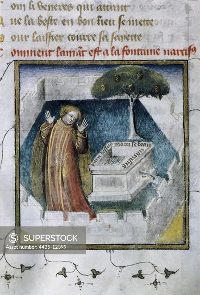 The Romance of the Rose. s.XIV. The young lover, redeemer of the garden of delight, reaches a source and finds an inscription saying that there brother Narcissus died. Gothic art. Miniature Painting. SPAIN. Valencia. Valencia University Library.