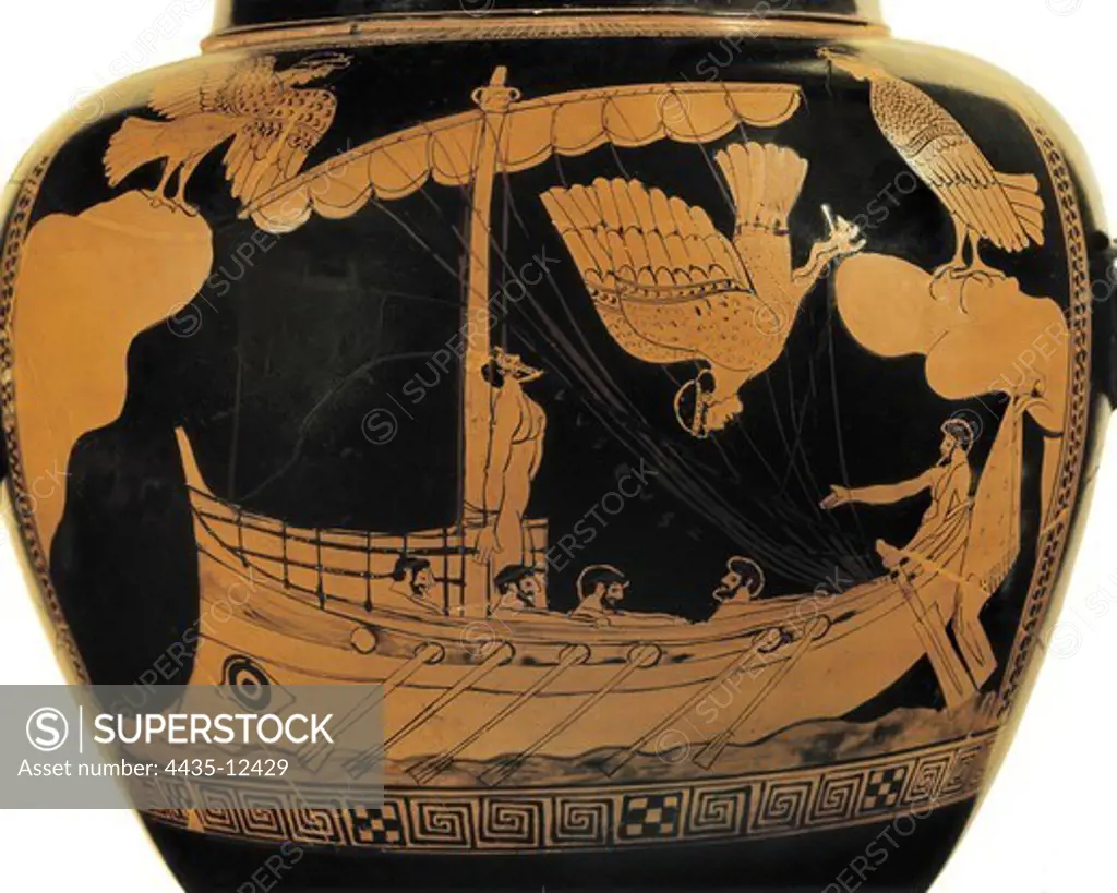 Ulysses and the Sirens. ca.  450 BC. Red-figure attic stamnos depicting Ulysses and the Sirens, illustrating an episode of Homer's Odyssey. Archaic Greek art. Ceramics. UNITED KINGDOM. ENGLAND. London. The British Museum.