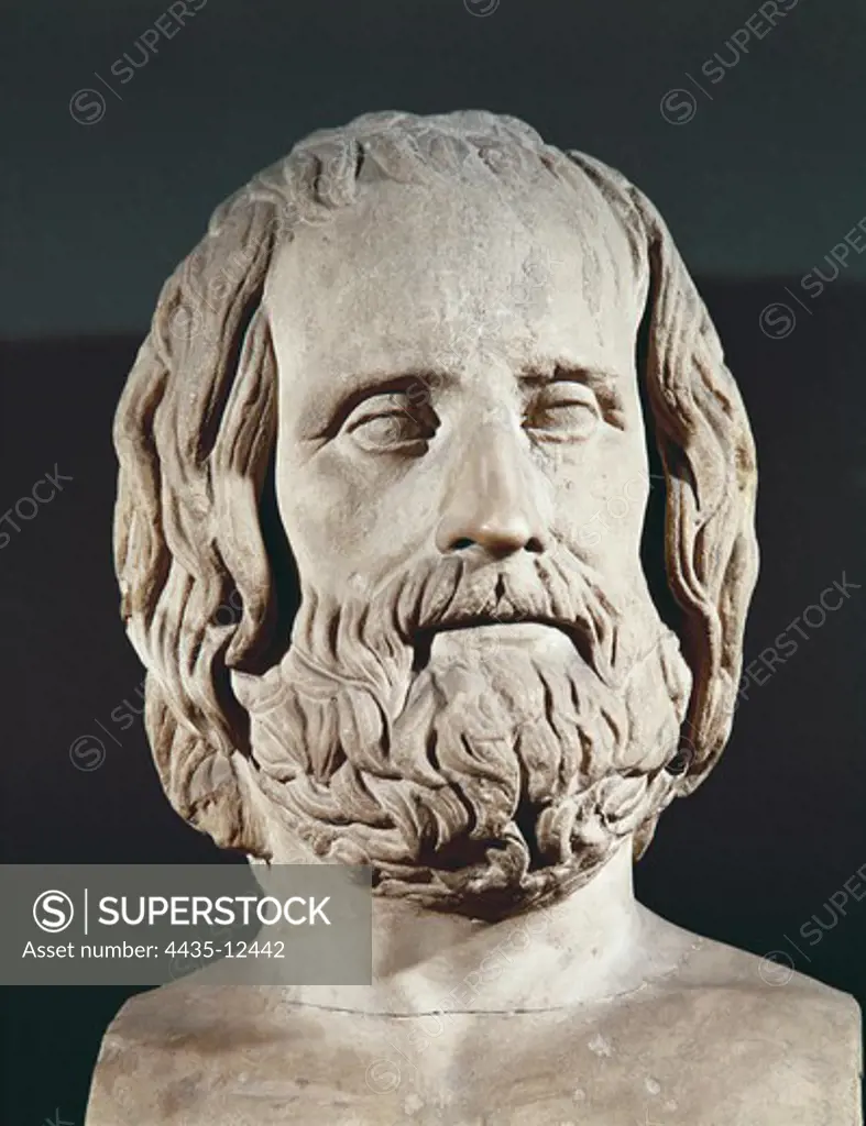 Bust of Euripides. 5th c. BC. Greek art. Sculpture on marble. ITALY. LAZIO. Rome. Capitoline Museums.