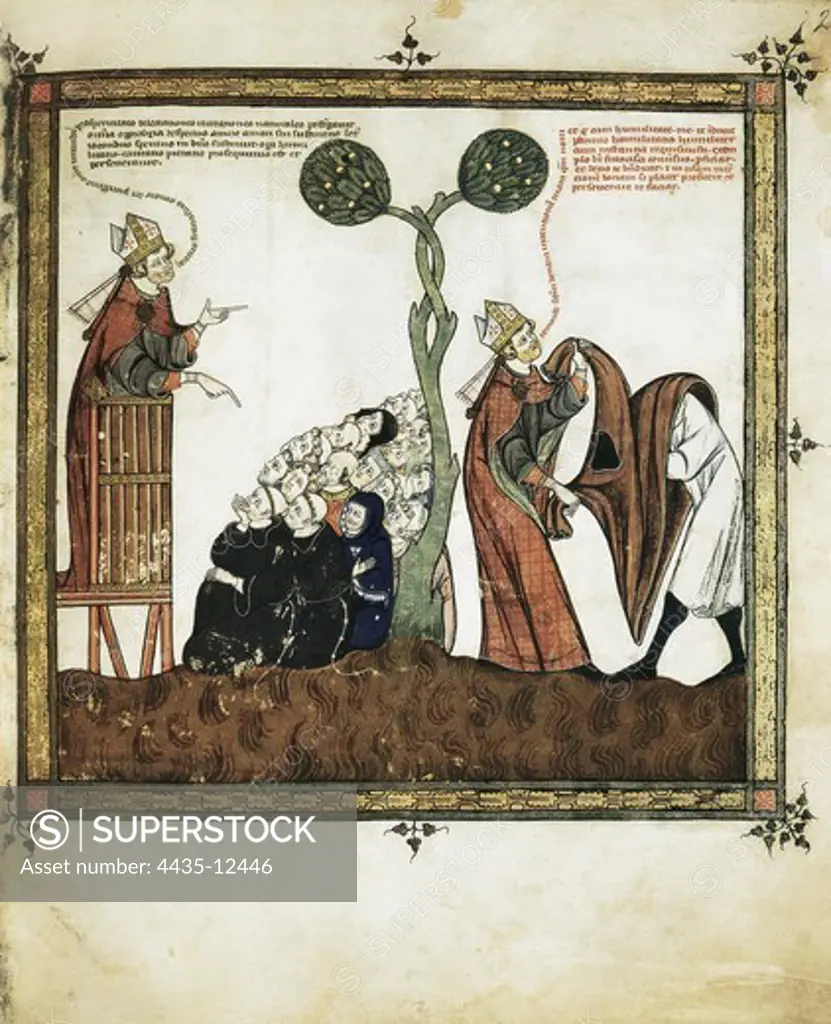 Miniature n_ 2 of the 'Breviculum', reduced version of Ramon Llull's works made by Tomàs Le Mysier. Representation of 'Llull's conversion and anf taking of the franciscan habit after listening the speech of a bishop'. Gothic art. Miniature Painting. GERMANY. BADEN-W RTTEMBERG. Karlsruhe. Karlsruhe University Library.
