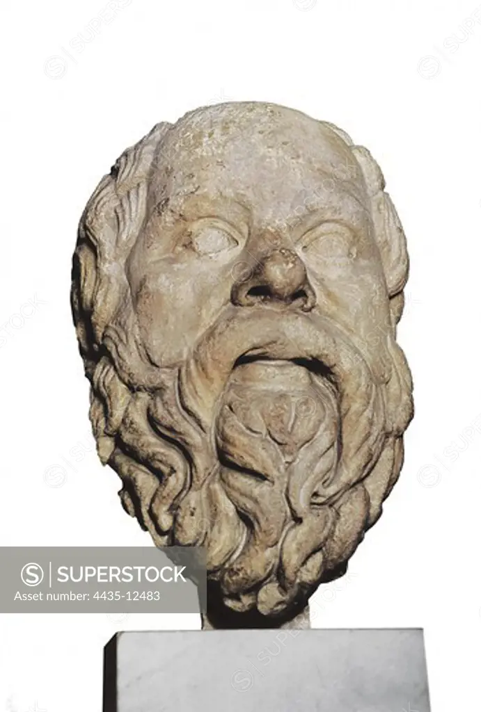 SOCRATES (470-399 BC). Greek Athenian philosopher. Bust of Socrates. Greek art. Sculpture on marble. UNITED KINGDOM. ENGLAND. London. The British Museum.
