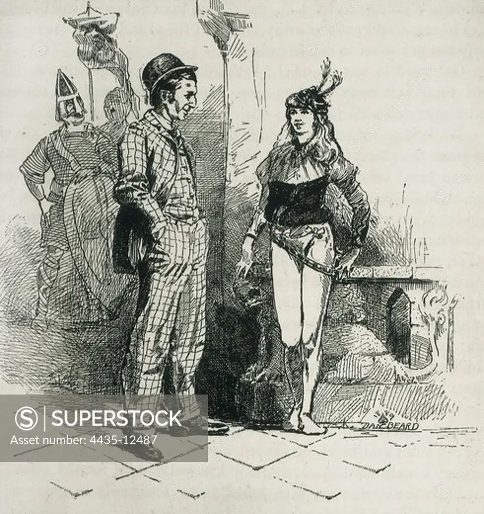 Illustration of an edition of Mark Twain's work 'A Yankee at the Court of King Arthur'. Published in London in 1889. Engraving. SPAIN. CATALONIA. Barcelona. Biblioteca de Catalunya (National Library of Catalonia).