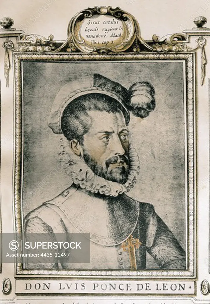 PONCE DE LEN, Luis ( -1569). Spanish military man and poet. Engraving.