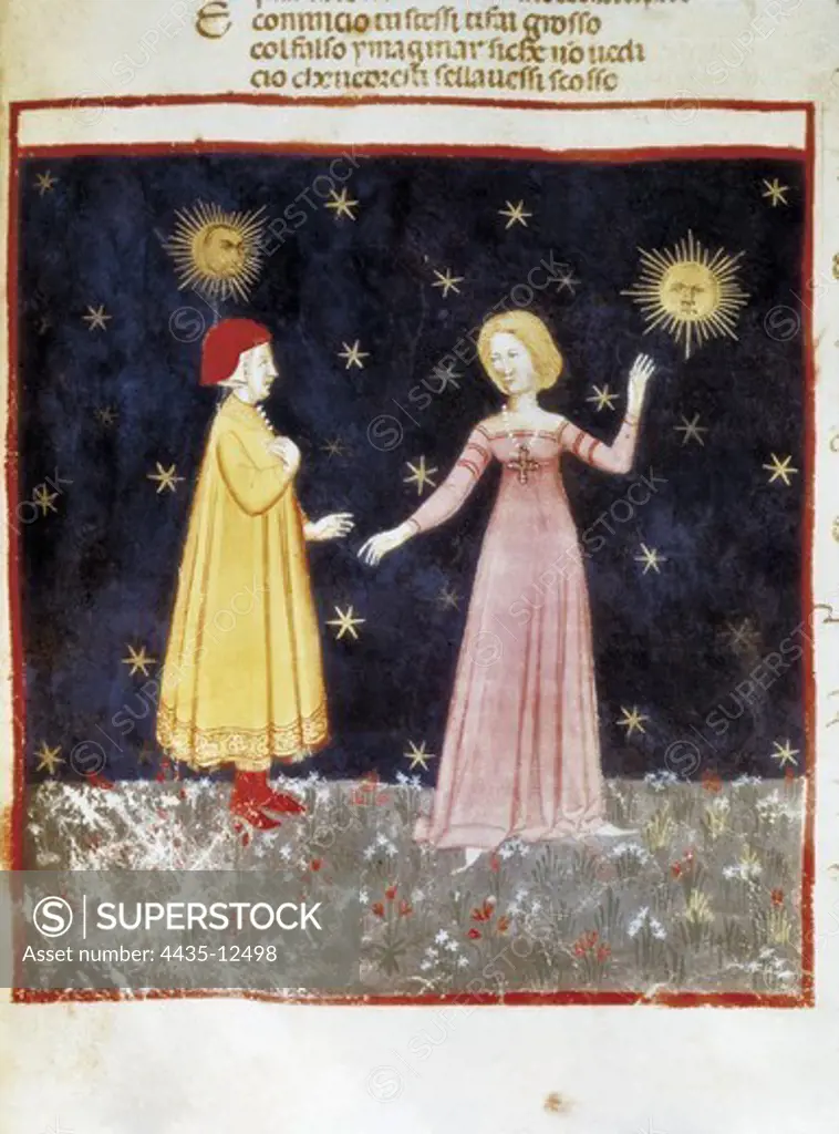 The Divine Comedy. s.XIV. Dante and Beatrix meeting in Paradise. Gothic art. Miniature Painting. ITALY. VENETO. Venice. Biblioteca nazionale marciana (St. Mark's Library).