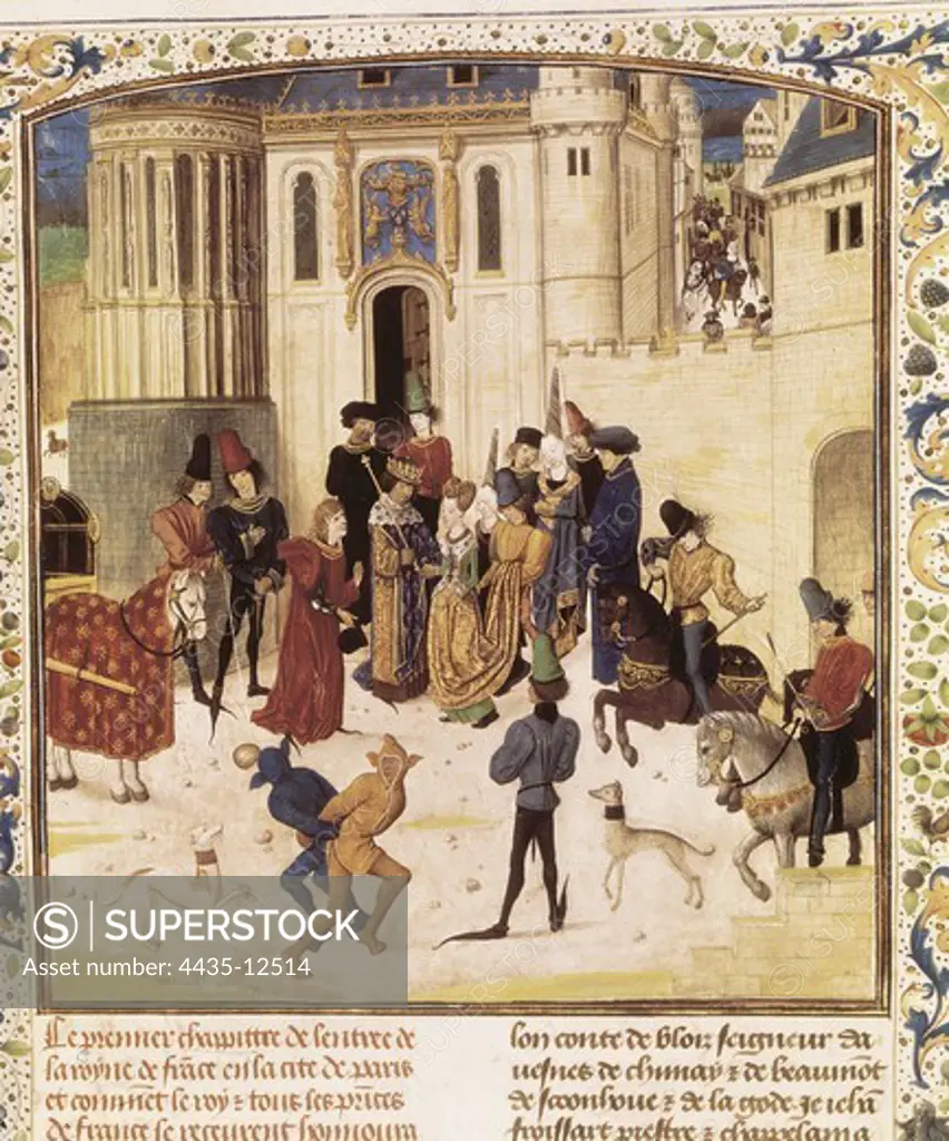 Illustration of the 'Chroniques' by Jean Froissart. Entrance of Elizabeth of Bavaria into Paris, where she's received by her future husband the king Charles VI (fol. 6). Miniature made in Bruges (15th c.). Flemish art. Miniature Painting. FRANCE. LE-DE-FRANCE. Paris. National Library.