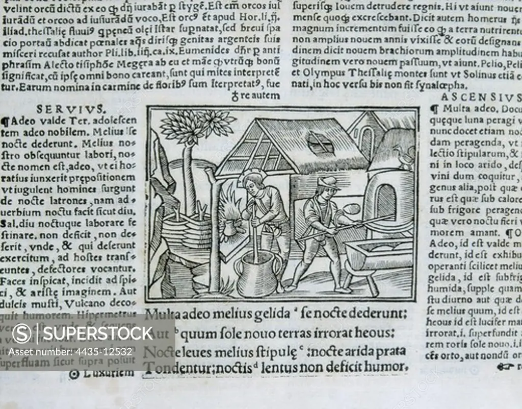 'The Bucolics' by Virgil. Page with an illustration on the craftwork. Latin edition of 1529. Engraving. SPAIN. MADRID (AUTONOMOUS COMMUNITY). Madrid. National Library.