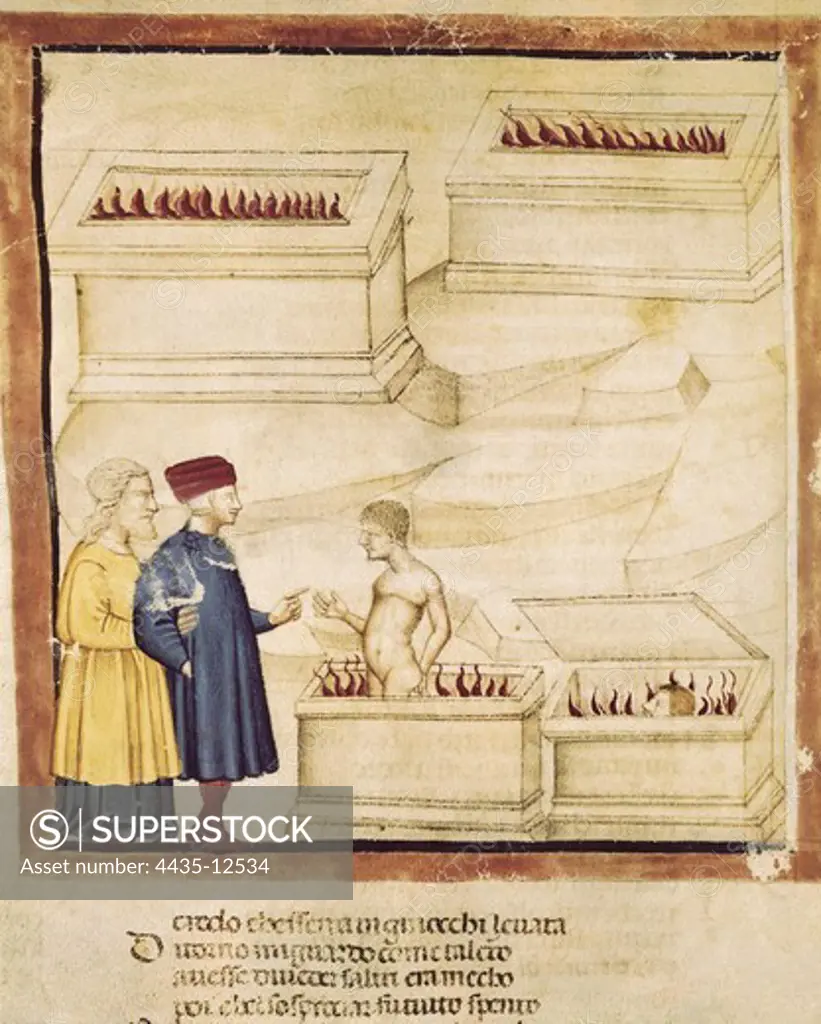 The Divine Comedy. s.XIV. Dante and Virgil with Count Ugolino. Representation of the Inferno. Gothic art. Miniature Painting. ITALY. VENETO. Venice. Biblioteca nazionale marciana (St. Mark's Library).