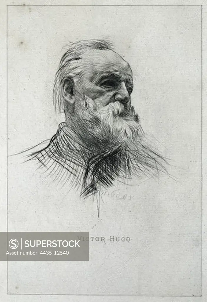 RODIN, Auguste (1840-1917). Portrait of Victor Hugo. ca. 1884. Dry-point engraving. Engraving. FRANCE. LE-DE-FRANCE. Paris. National Library.