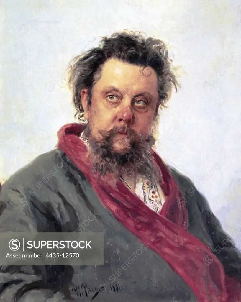 Repin, Ilya Yefimovich (1844-1930). Portrait of Modest Mussorgsky. 1881. Realism. Oil on canvas. RUSSIA. MOSCOW. Moscow. Tretyakov Gallery.
