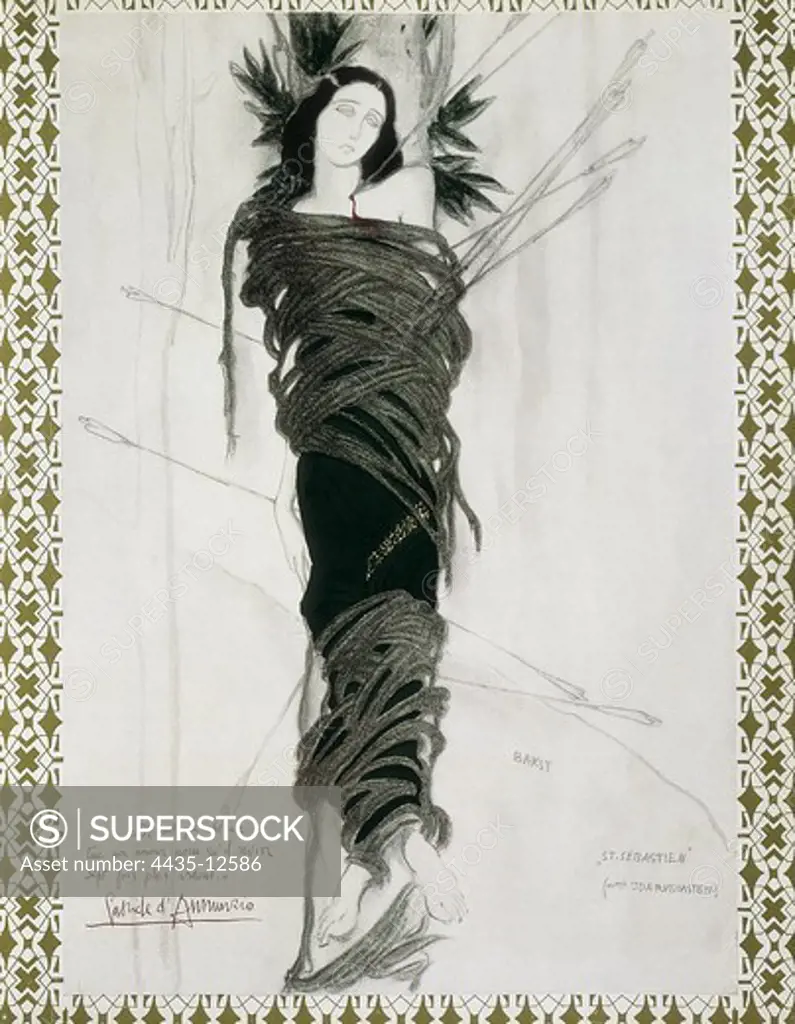 BAKST, LŽon (1866-1924). Saint Sebastian (Ida Rubinstein). 1911. Leon Bakst's sketch for the stage set in the ThŽtre du Chtelet of the ballet 'The Martyrdom of St. Sebastian', with Claude Debussy's music, Gabriele D'Annunzio's libretto and Mikhail Fokhine's choreography for the Ballets Russes' company. Drawing.