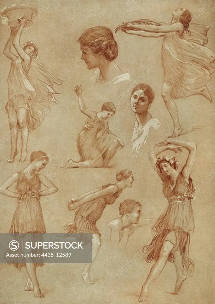 GORGUET, Auguste Franois Marie (1862-1927). Isadora Duncan dancing. 1918. Sketchs made with sanguine. Drawing.