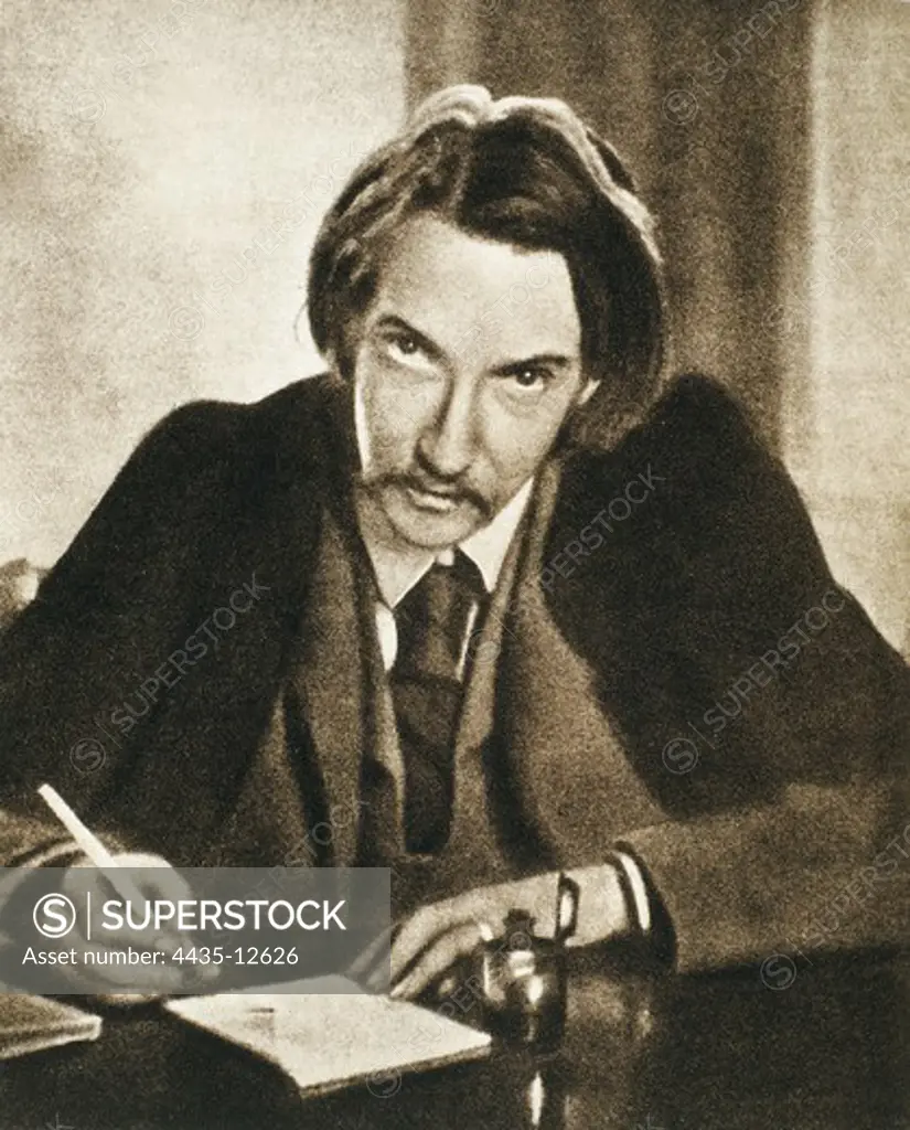 STEVENSON, Robert Louis (1850-1894). Reproduction of a picture of Stevenson taken in 1885.