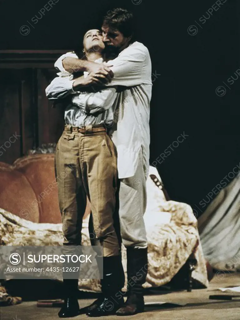 Theatre performance at the Teatro Romea of Barcelona (1989) of the play 'Ivanov' by Anton Chekhov (1886), directed by Ivo Krobot and, on stage, performing Vladimer Kratina and Lenka Skopalova from the Cinoherni Klub theatre company.
