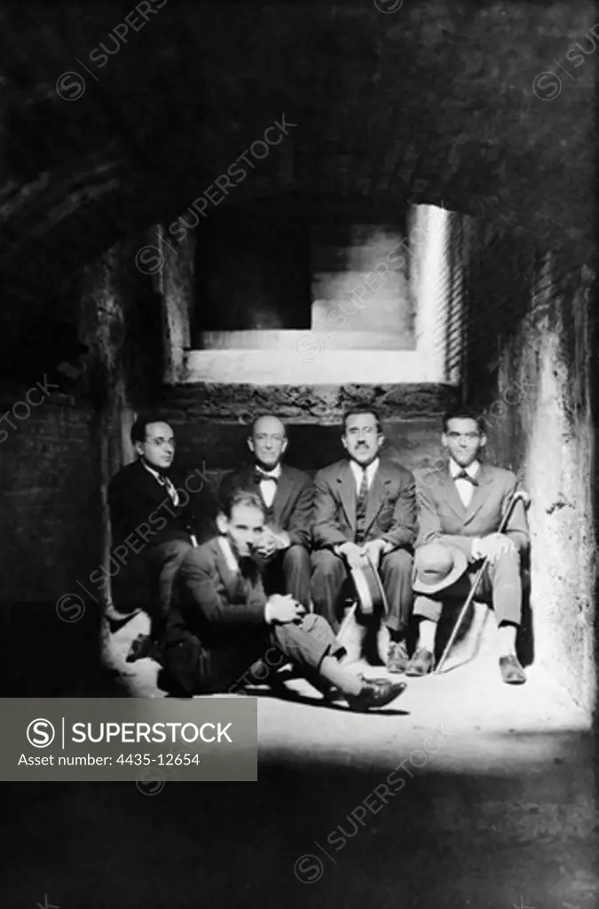 SPAIN. Granada. Alhambra. Portrait of Federico Garca Lorca, Manuel Falla, Adolfo Salazar, Angel Barrios y Francisco Garca Lorca in the basements of the Alhambra in 1922.