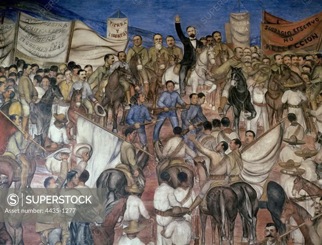 O'GORMAN, Juan (1905-1982). Loyalty Mural. 1960-1961. MEXICO. Mexico City. Chapultepec Castle. Detail with scene of the Revolution and the acclamation of Madero. Mexican Mural Painting. Fresco.
