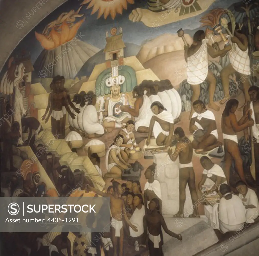 RIVERA, Diego (1886-1957). Epic of the Mexican People. Pre-Hispanic Mexico - The Indian Ancient World. 1929-1935. MEXICO. Mexico City. National Palace. Work belonging to a cycle of three frescoes that decorate the stairway. Mexican Mural Painting. Fresco.