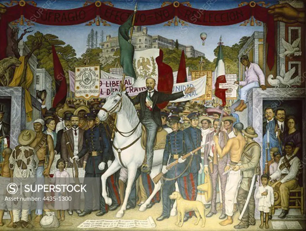 O'GORMAN, Juan (1905-1982). Effective suffrage, no re-election. 1968. MEXICO. Mexico City. Chapultepec Castle. Scene of the Mexican Revolution with the President Francisco Madero (1911). Mexican Mural Painting. Fresco.