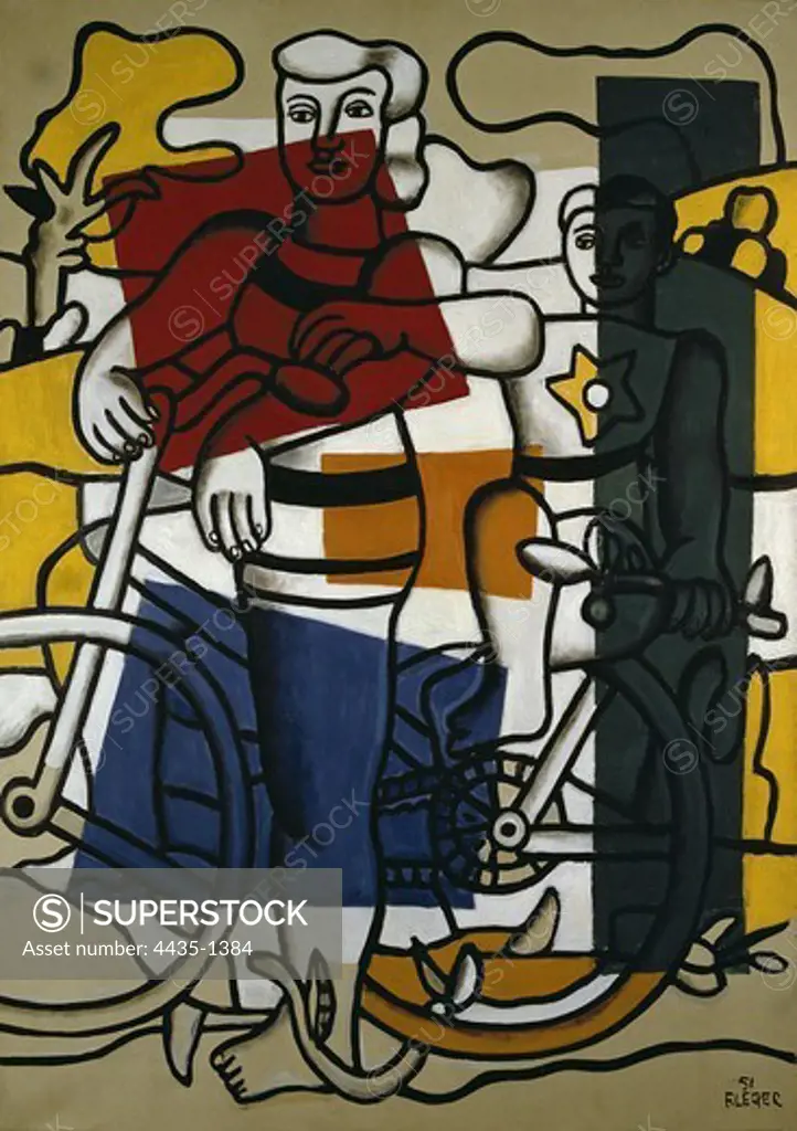 LEGER, Fernand (1881-1955). Two cyclists. 1951. Machine Art / Tubularism. Oil on canvas. SWITZERLAND. Basel. Galerie and Fondation Beyeler (Beyeler Gallery and Foundation).