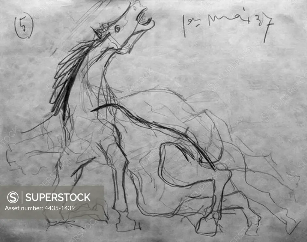 Picasso, Pablo (1881-1973). Guernica: Study for the horse (II). 1937. Graphite on blue paper. Surrealism. Drawing. SPAIN. MADRID (AUTONOMOUS COMMUNITY). Madrid. Reina Sofia Art Centre National Museum.