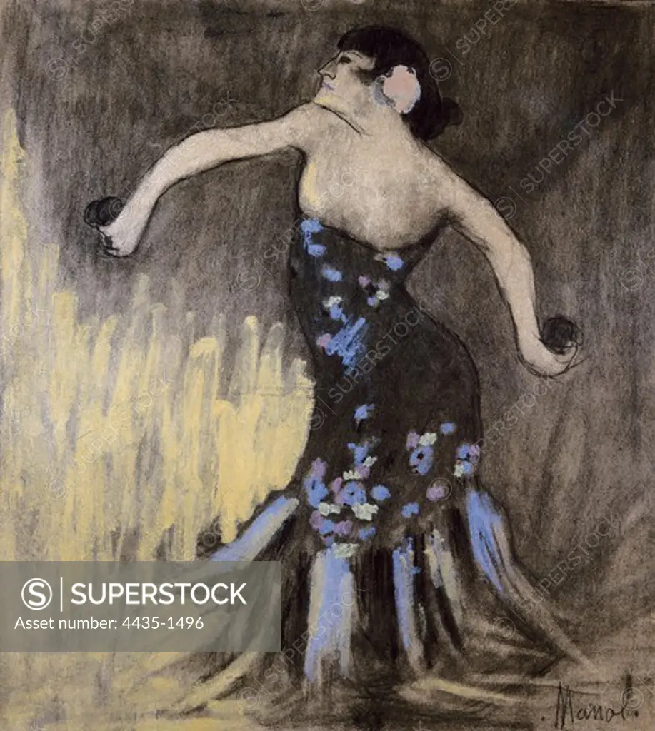 HUGUE, Manolo (1872-1945). Flamenco dancer. 1901. Alleged portrait of Carmen Pichot de Gay performing Bizet's 'Carmen'. Lead pencil and pastel. Drawing. SPAIN. CATALONIA. BARCELONA. Sitges. Cau Ferrat Museum.