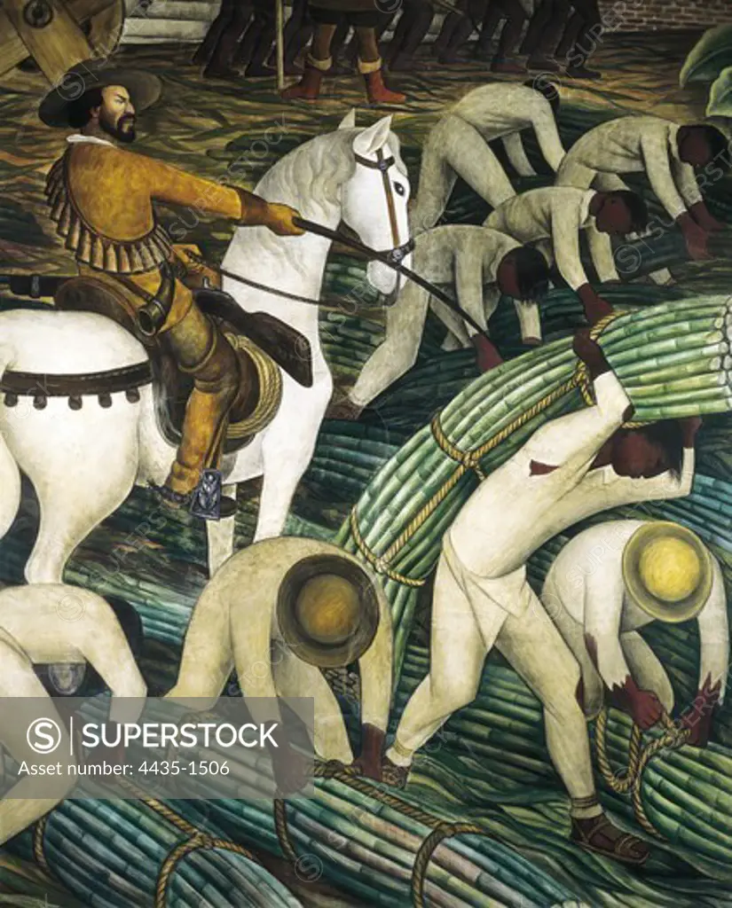 RIVERA, Diego (1886-1957). Construction of the Palace of Cortes. 1930-1931. MEXICO. Cuernavaca. Cortes' Palace. Detail of western wall depicting Indians harvesting sugar cane. Mexican Mural Painting. Fresco.