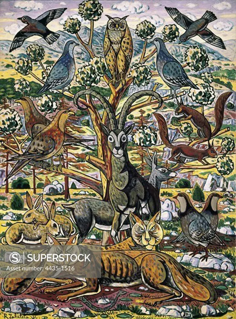 ZABALETA, Rafael (1907-1960). Landscape with animals. 1958. Fauvism. Painting. Private Collection.