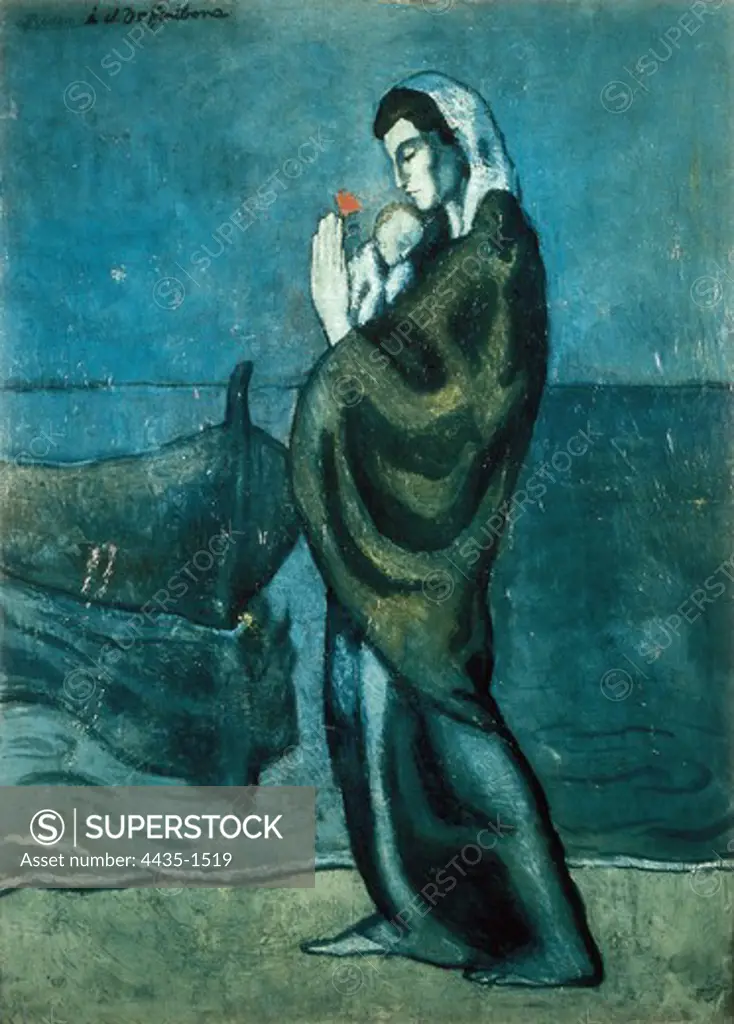 Picasso, Pablo (1881-1973). Mother and son near the sea. 1902. Work of the Blue Period. Artistic avant-gardes. Oil on canvas. Private Collection.