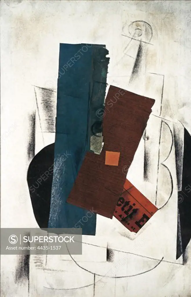 BRAQUE, Georges (1882-1963). Guitar (The Small Scout ). 1913. Charcoal and collage on canvas. Cubism. Mixted Technic. FRANCE. Villeneuve-d'Ascq. Lille M_tropole Museum of Modern, Contemporary and Outsider Art (LaM).