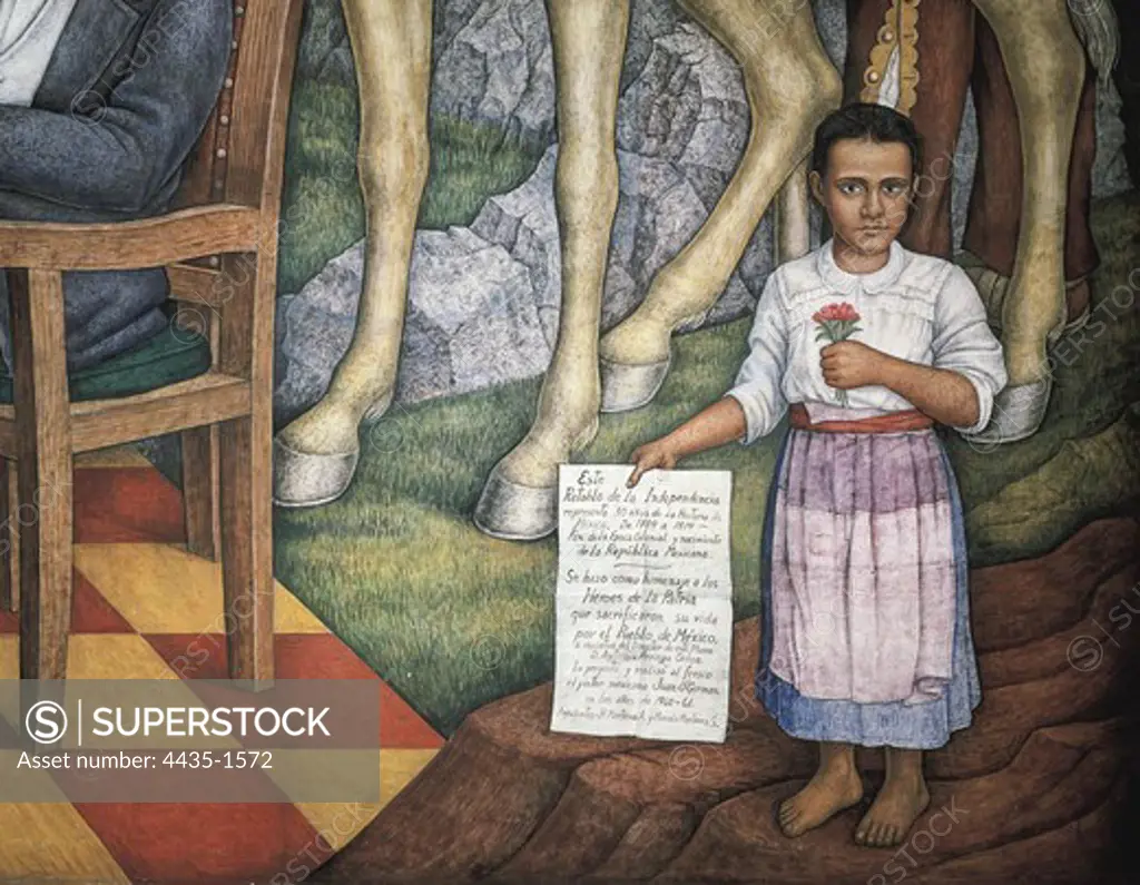 O'GORMAN, Juan (1905-1982). Mural of Mexican Independence. 1960-1961. Kid showing a folio with historical and cultural data from the work. Mexican Mural Painting. Fresco. MEXICO. FEDERAL DISTRICT. Mexico City. National Museum of History (Chapultepec Castle).