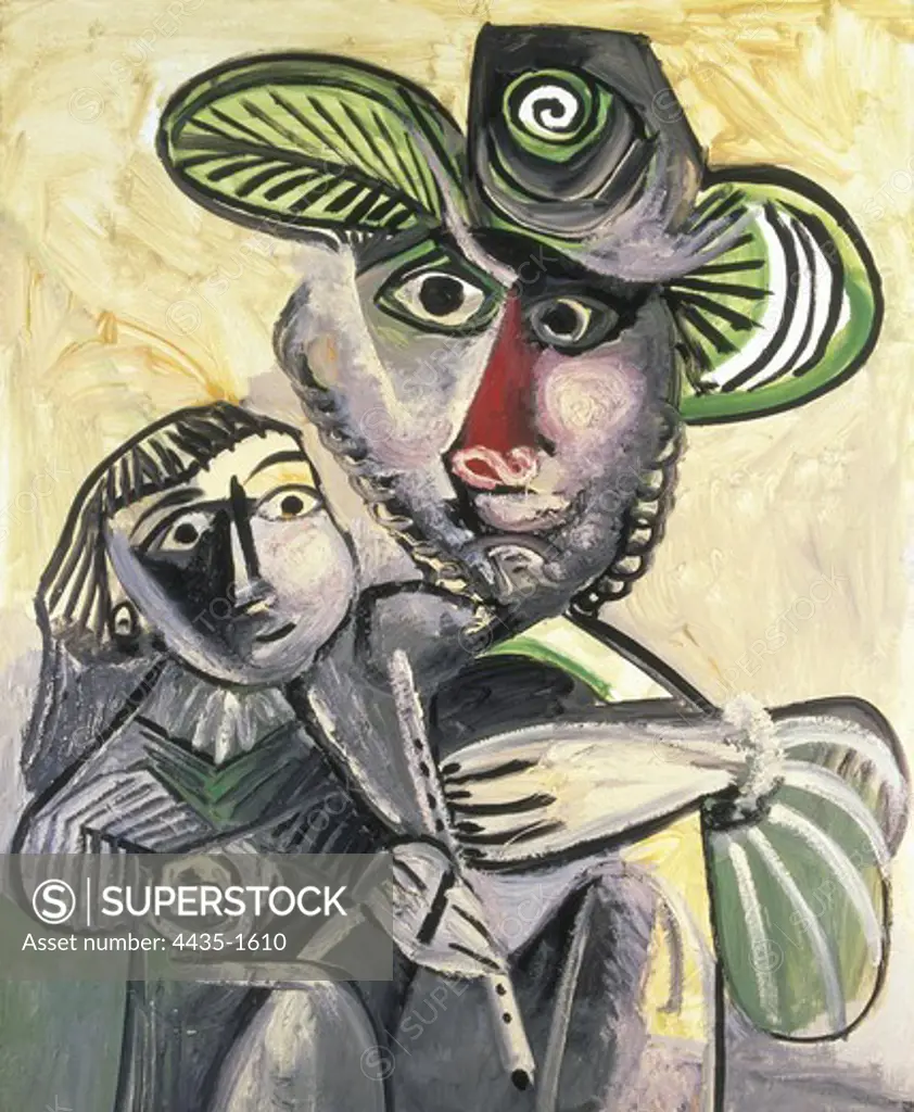 Picasso, Pablo (1881-1973). Man with Flute and Child. 1971. Contemporary Art. Oil on canvas. FRANCE. PROVENCE ALPES CTE D'AZUR. ALPES-MARITIMES. Mougins. Jacqueline Picasso Collection.