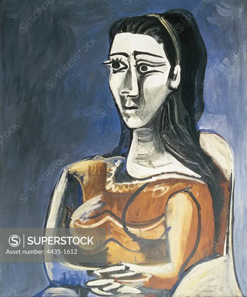 Picasso, Pablo (1881-1973). Woman in an armchair. 1962. Cubism. Oil on canvas. FRANCE. PROVENCE ALPES CTE D'AZUR. ALPES-MARITIMES. Mougins. Jacqueline Picasso Collection.