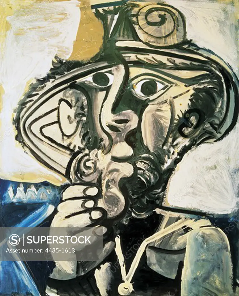 Picasso, Pablo (1881-1973). Bust of a Man with a Hat. 1971. Cubism. Oil on canvas. FRANCE. PROVENCE ALPES CTE D'AZUR. ALPES-MARITIMES. Mougins. Jacqueline Picasso Collection.