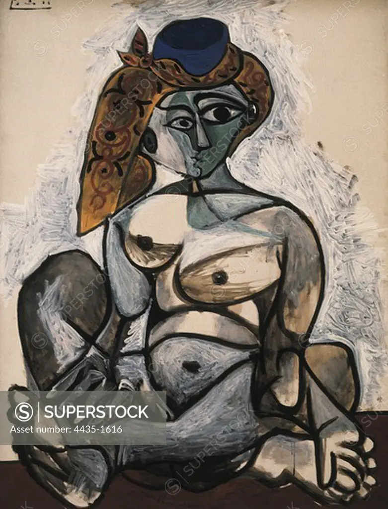Picasso, Pablo (1881-1973). Naked Woman with Black Bonnet. 1955. Cubism. Oil on canvas. FRANCE. LE-DE-FRANCE. Paris. Galerie Louise Leiris (Louise Leiris Gallery).