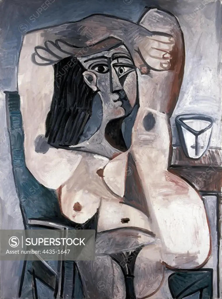 Picasso, Pablo (1881-1973). Seated Nude with her Arms Crossed above her Head. 1959. Cubism. Oil on canvas. FRANCE. PROVENCE ALPES CTE D'AZUR. ALPES-MARITIMES. Mougins. Jacqueline Picasso Collection.