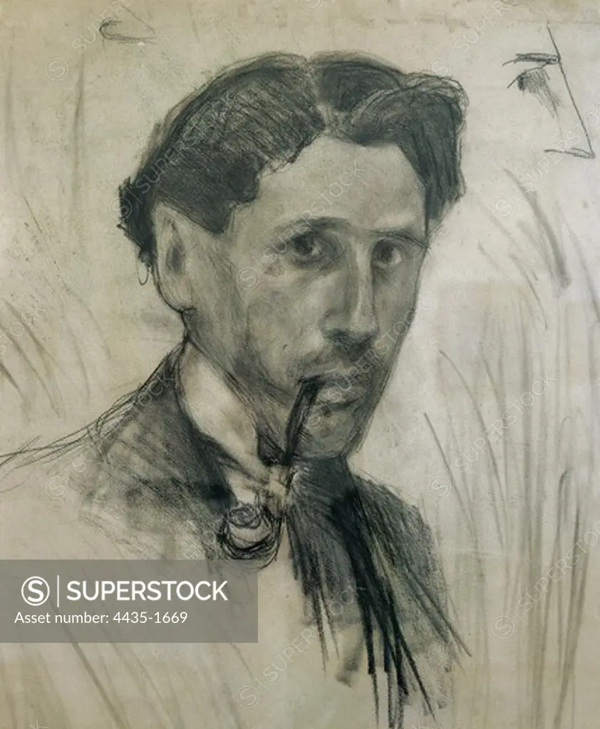 GARGALLO, Pablo (1881-1934). Self-portrait with Pipe. 1901. Charcoal on Canson paper. Post-Impressionism. Drawing. SPAIN. ARAGON. Zaragoza. Pablo Gargallo Museum.